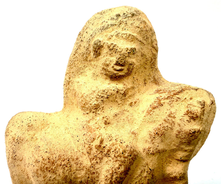 Roman Egypt terracotta equestrian figurine depicting a seated rider mounted on a sturdy horse with simplified sculptural details.
