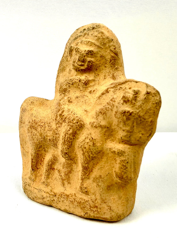Ancient Egyptian horse and rider pottery figure displaying traditional terracotta construction, weathered surfaces, and natural age-related patina.