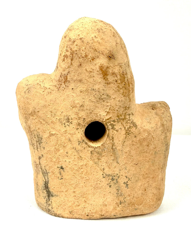 Ancient Roman Egypt horse and rider artifact featuring a compact sculptural form, weathered clay surfaces, and minor chips consistent with age.
