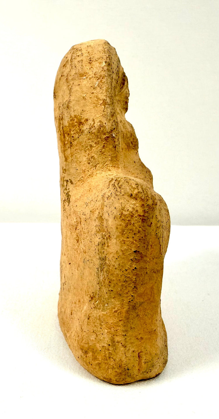 Antique Roman Egyptian equestrian statuette crafted from terracotta, reflecting the artistic influences of Egyptian and Roman cultural traditions.