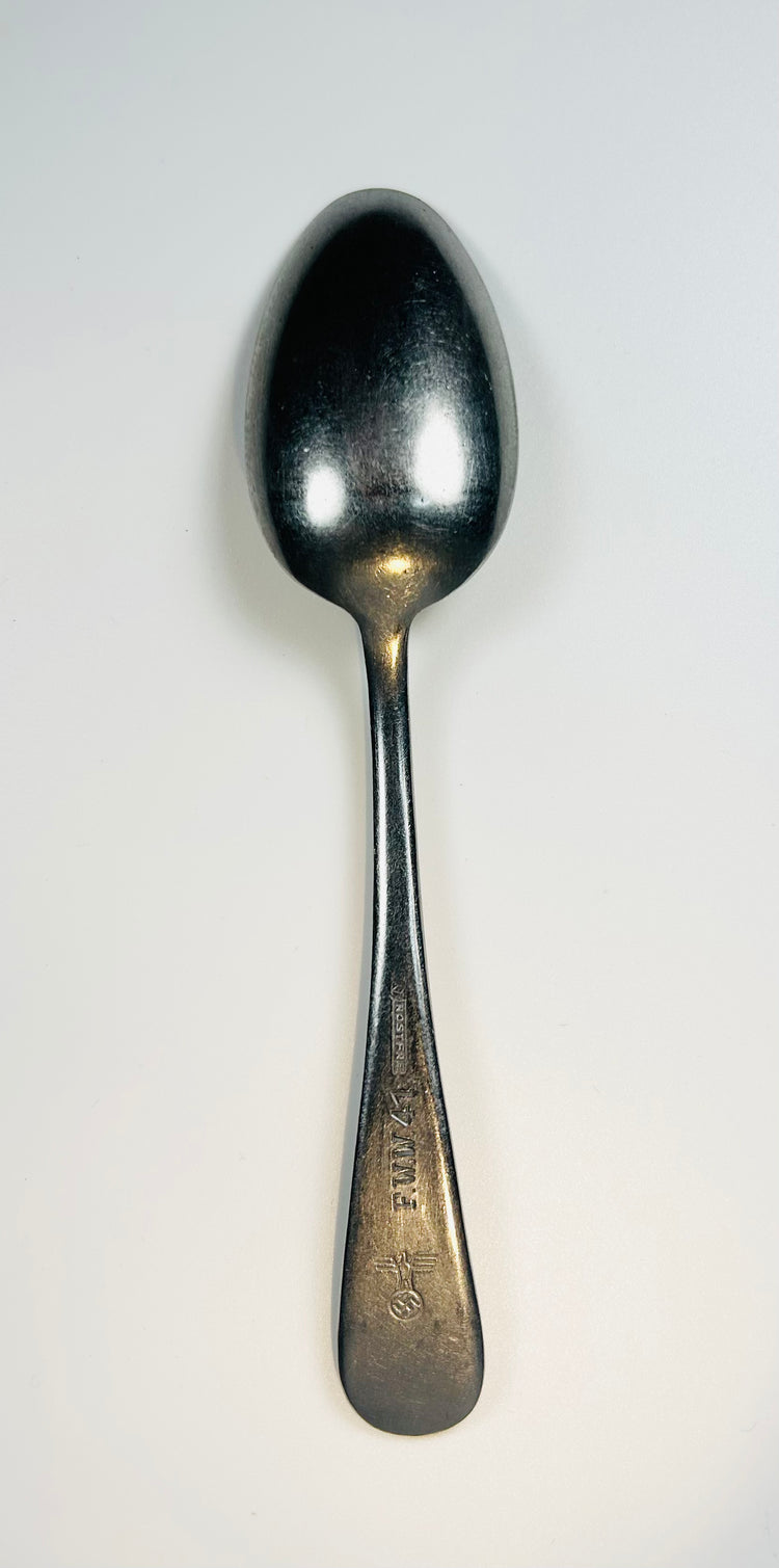 WWII German Kriegsmarine spoon showing stamped handle with F.W.W. 41 marking and Reich eagle insignia
