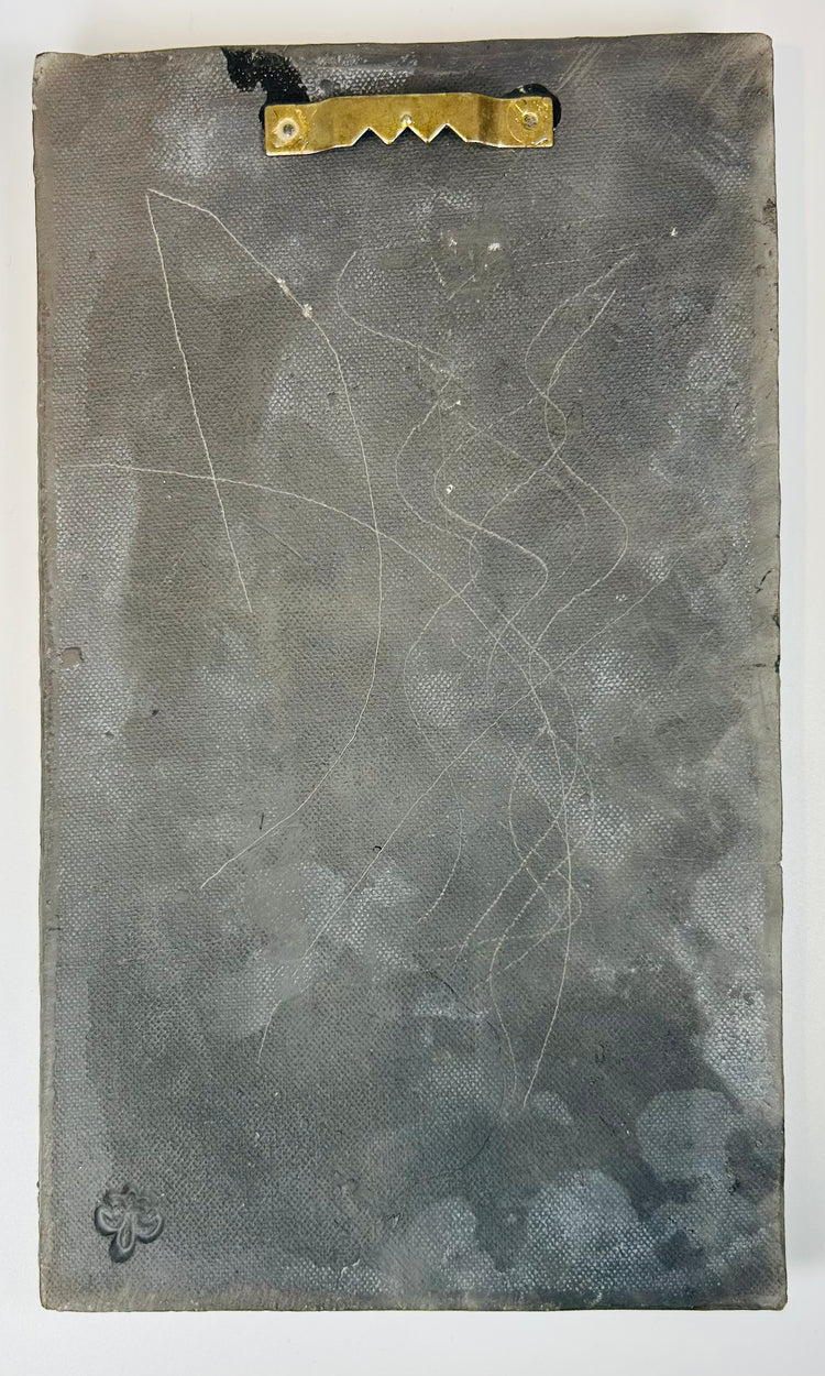 Reverse of mounted Chinese ceramic fragment showing backing and collection mark on lower corner