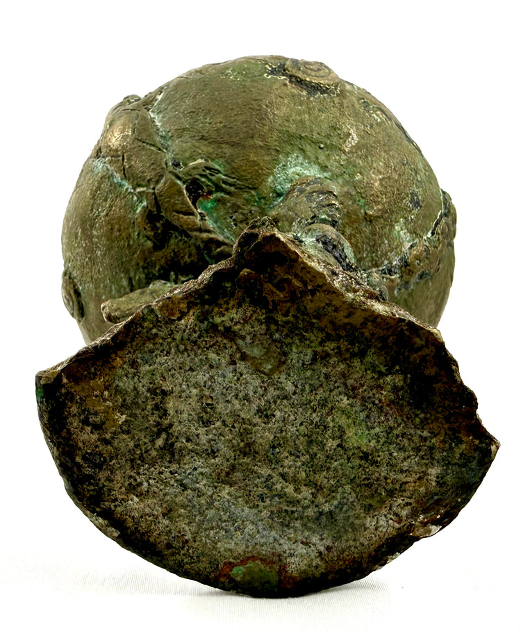 Antique West African bronze container with anthropomorphic decorative elements and aged olive-green patination.