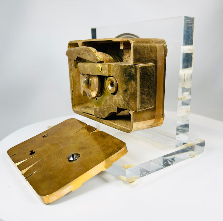 Early 1900s safe lock mechanism front with engraved dial and patina