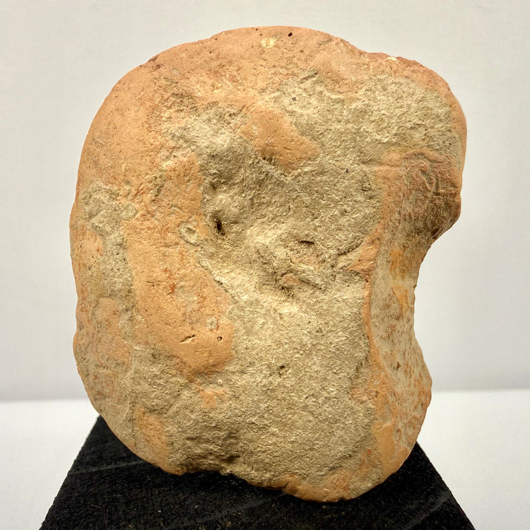 Rear angle of fragmented terracotta piece showing coarse uneven clay surface