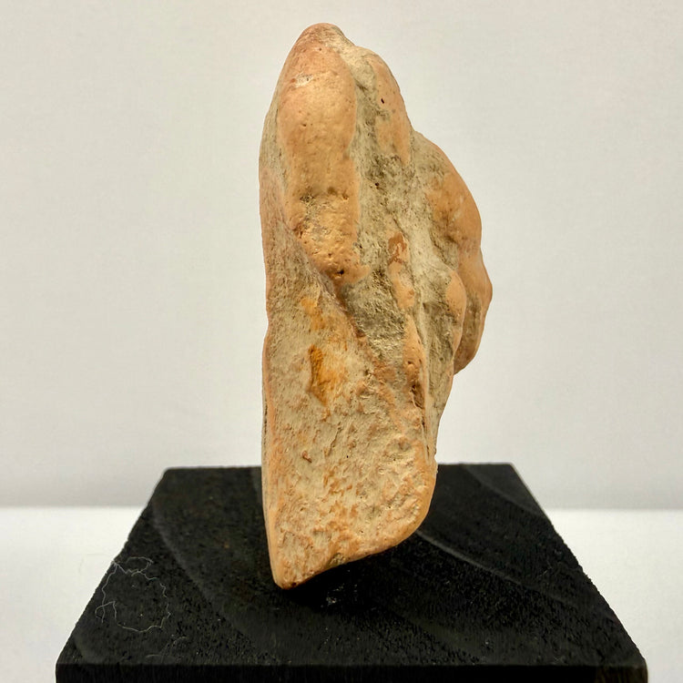 Side profile of rough textured terracotta artifact showing thickness and raised features