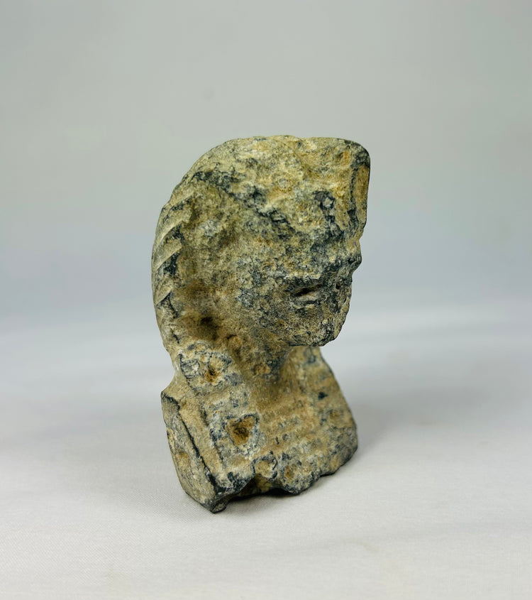 Limestone pharaoh head sculpture featuring nemes headdress and cobra uraeus, early Grand Tour collectible from 19th–early 20th century, shown against a neutral background.