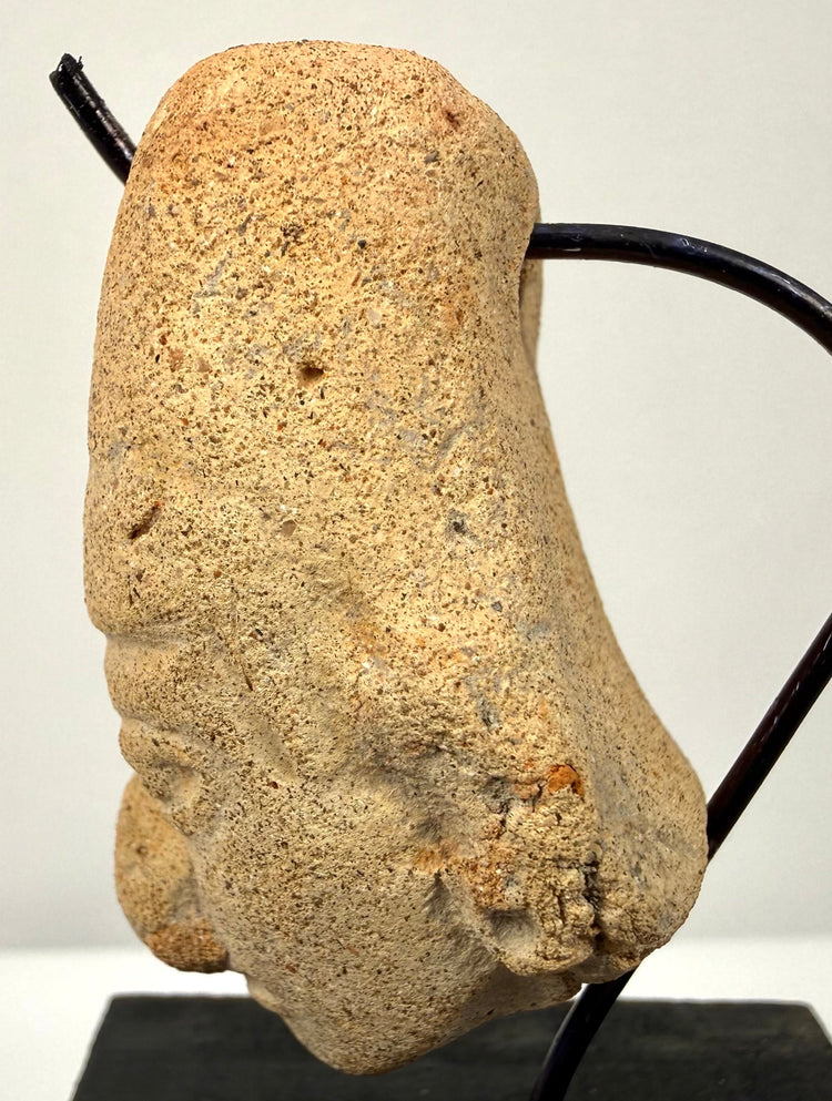 Side profile of weathered clay head sculpture showing porous texture and ear detail