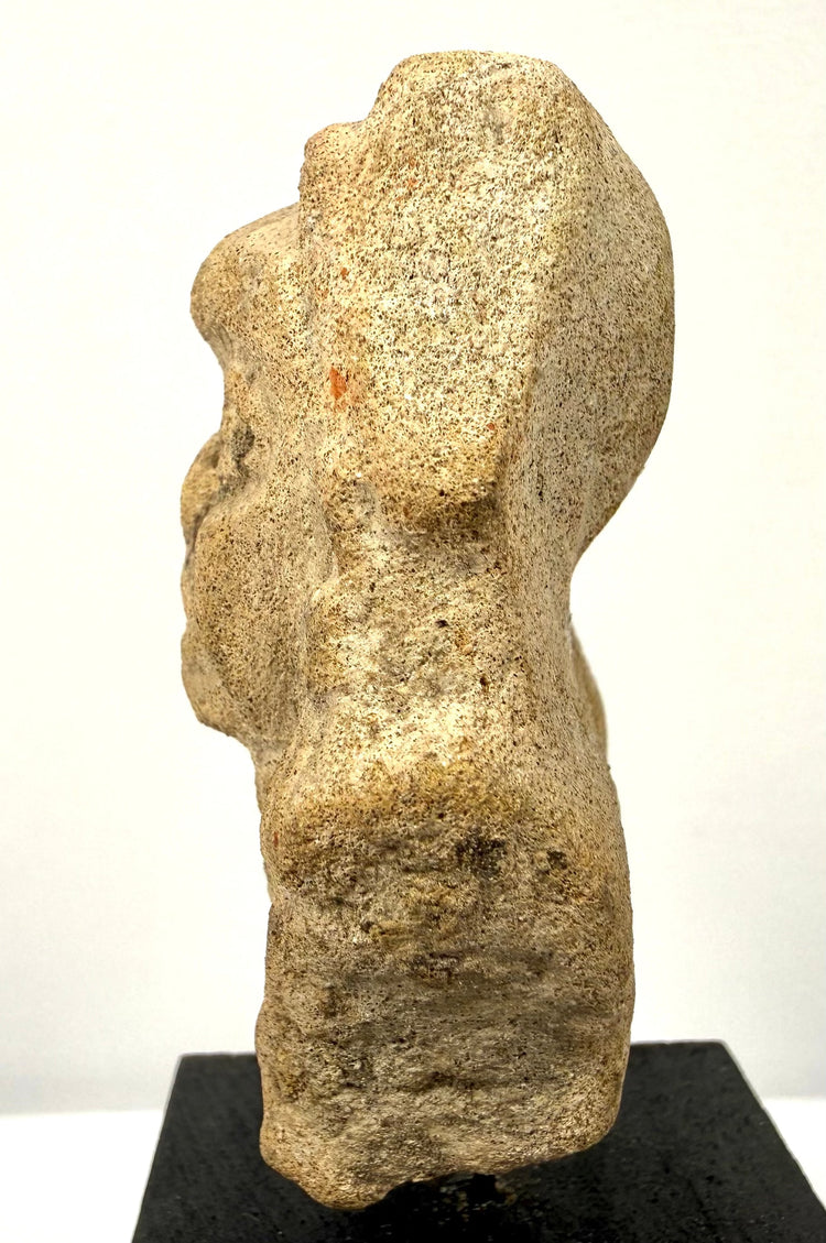 Side profile of ancient terracotta face fragment displaying head curvature and back of neck