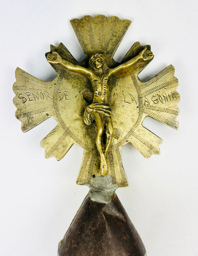 Spanish Colonial processional cross with Christ and saint, cast and engraved brass, iron shaft, 18th–19th c.