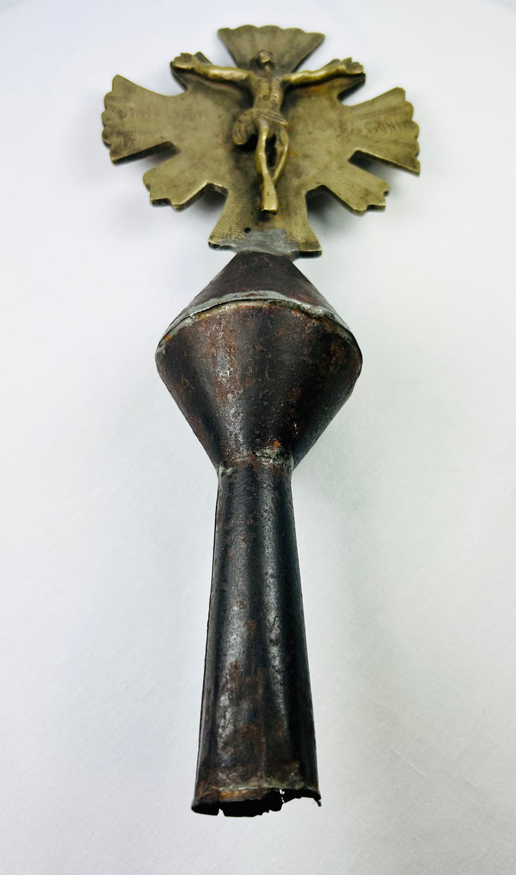 Latin American 18th–19th century processional cross finial, double-sided brass with crucifix and saint