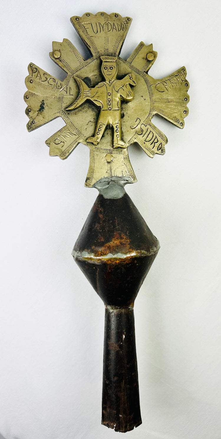 Peru or Bolivia Spanish Colonial cross finial, Christ with sunburst and saint holding fish, brass and iron