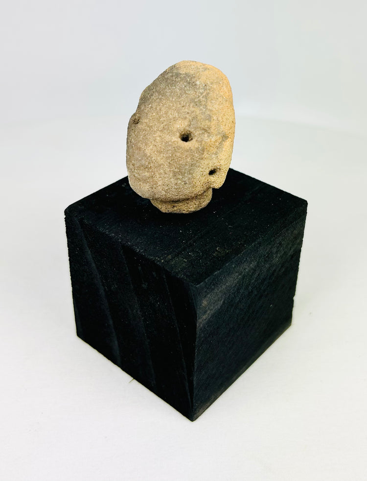 Ancient West Mexican terracotta head fragment from Nayarit or Jalisco, Pre-Columbian artifact, circa 300 BCE–300 CE, mounted for display