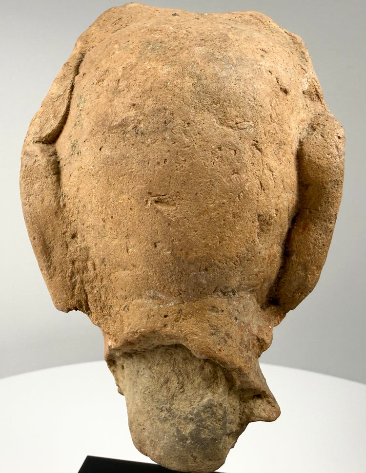 Rear view of ancient terracotta head fragment showing smooth skull back and jagged break