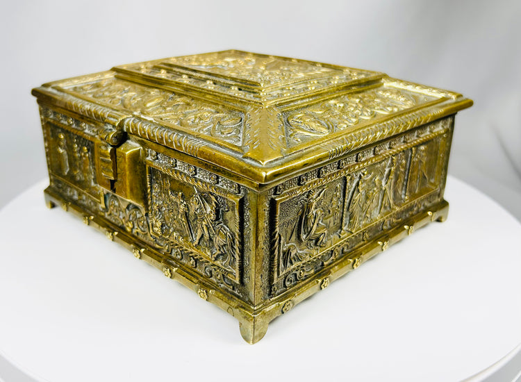 Vintage bronze cigar casket with elaborate relief and hinged lid