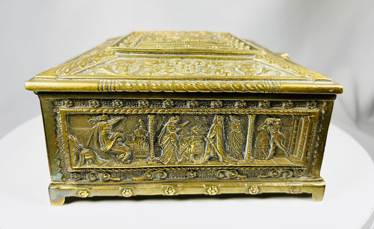 Antique European cigar box with detailed borders and wood lined interior