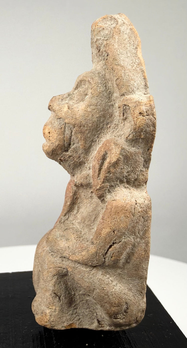 Left profile of terracotta artifact showing deep nose and large ear ornament detail