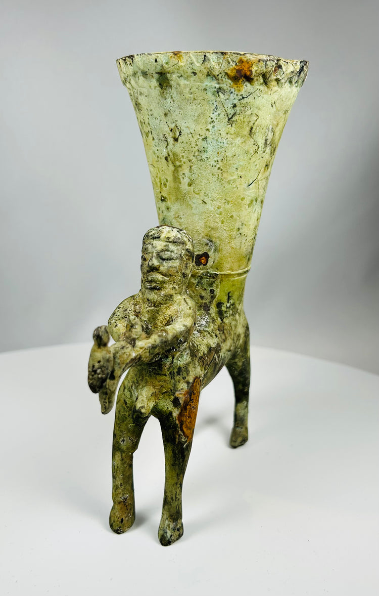 Bronze Grand Tour style rhyton with mythological scene and patina