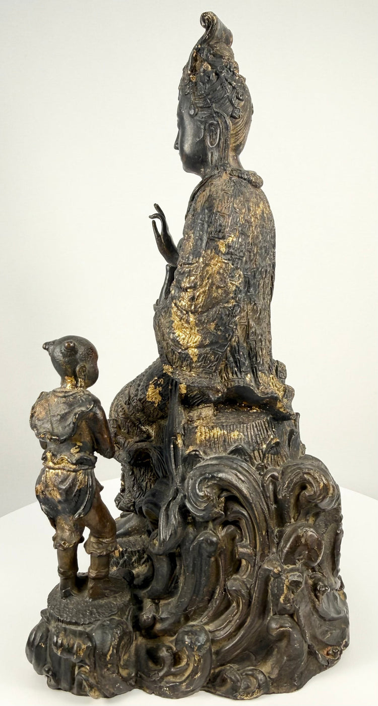Antique Thai gilt bronze Bodhisattva sculpture rear view with attendant figure