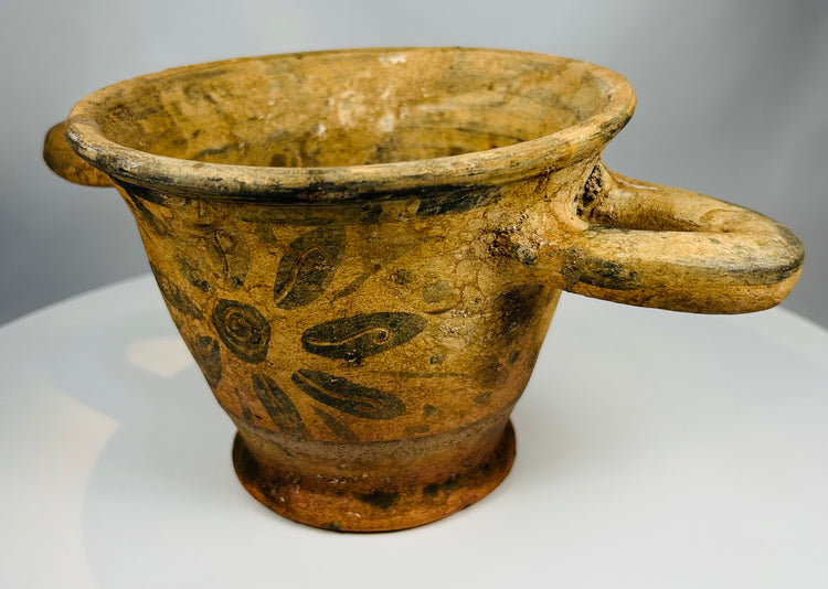 Etruscan ceramic skyphos with twin handles and burial patina