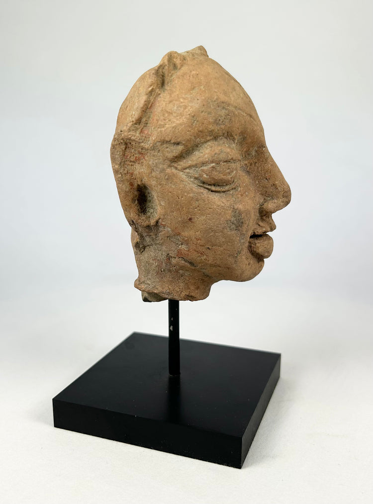 Angled right-front view of an ancient Gupta terracotta head fragment displayed on a black stand.