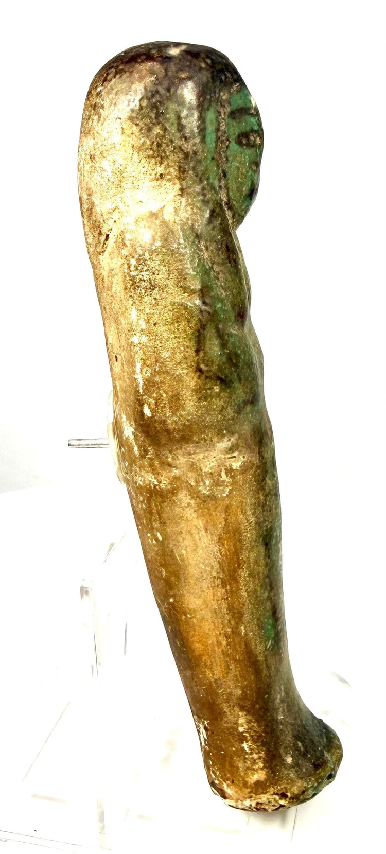 Egyptian faience ushabti displaying partially preserved black-painted hieroglyphic inscriptions along the lower body.
