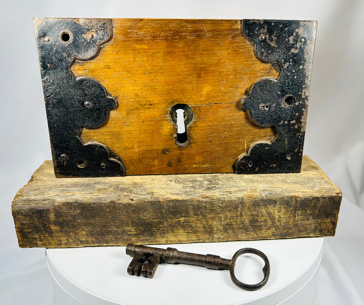 Antique rim lock with wooden case and forged iron hardware