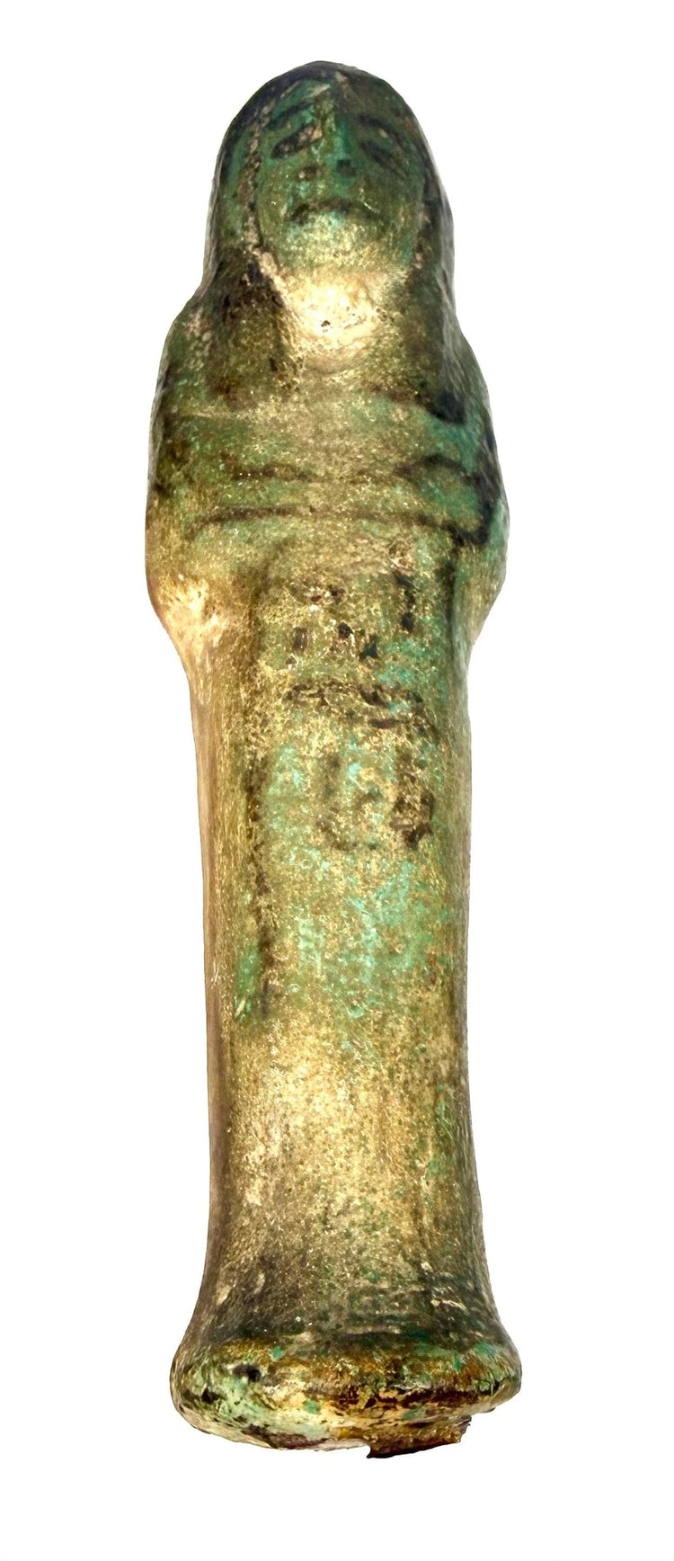 Ancient Egyptian shabti with minor losses around the foot and weathered surfaces reflecting its archaeological character.