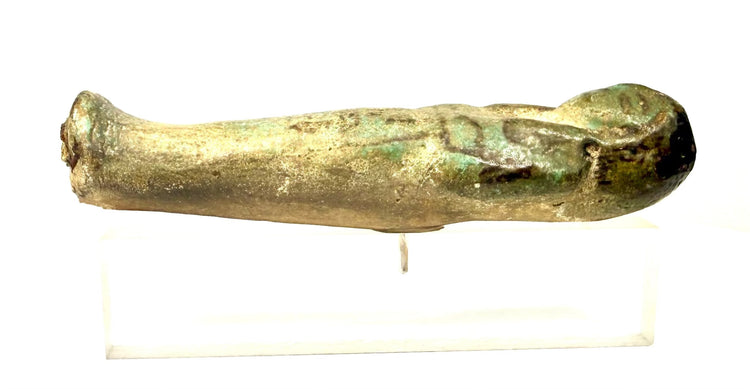 Ancient Egyptian faience ushabti from the Dr. Bruce L. Ralston Collection, featuring a mummiform body and black-painted hieroglyphs.