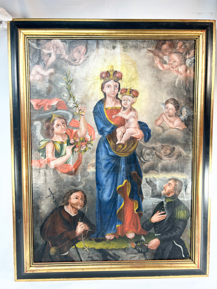 19th-Century Andean Colonial Cuzco School oil painting depicting the Virgin Mary and Child surrounded by cherubs, donor, and saint—religious art from Peru c.1780–1820, framed in gilt and black.