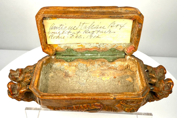 Antique Italian carved wooden box displaying mythological marine imagery, including stylized mermaid figures and a prominent fish motif.