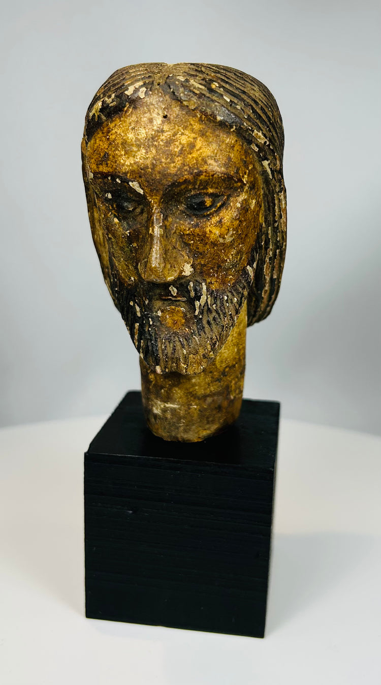 Antique ecclesiastical fragment with polychrome pigment and patina