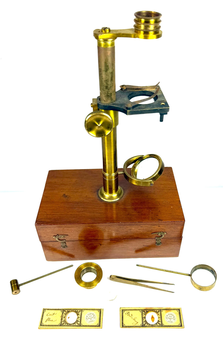 Antique Victorian dissecting microscope featuring a lacquered brass pillar, adjustable magnifying lens holder and mahogany wooden base.