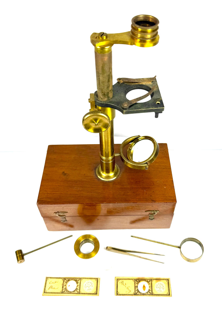 Antique scientific microscope accessories featuring slender brass instruments, optical components and removable lens holders.