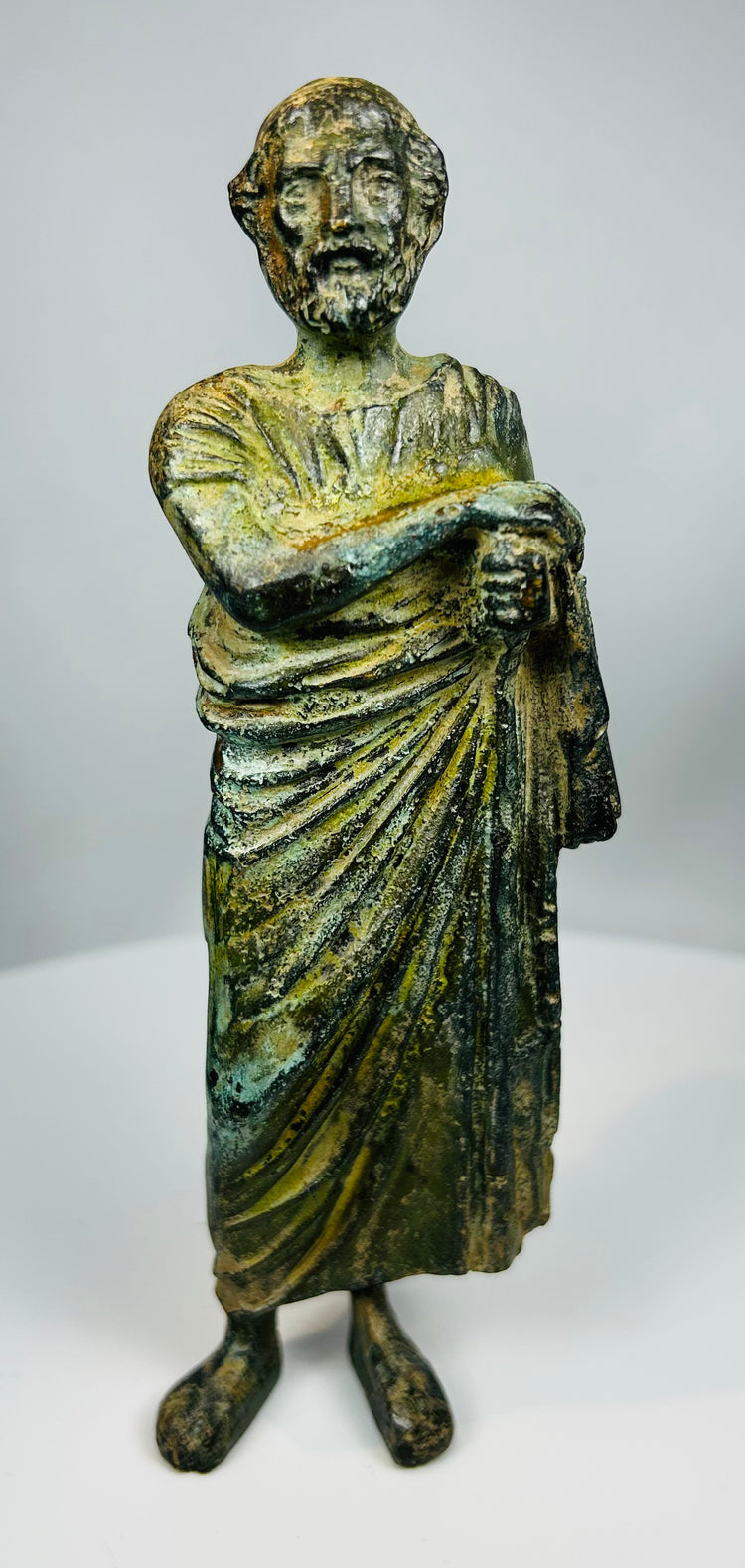 Grand Tour era bronze statue of Roman-style philosopher with draped garment