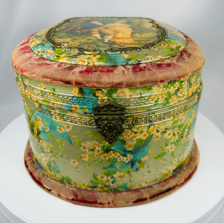 Early 1900s collar box with floral and bird design, fabric trim and hinged lid