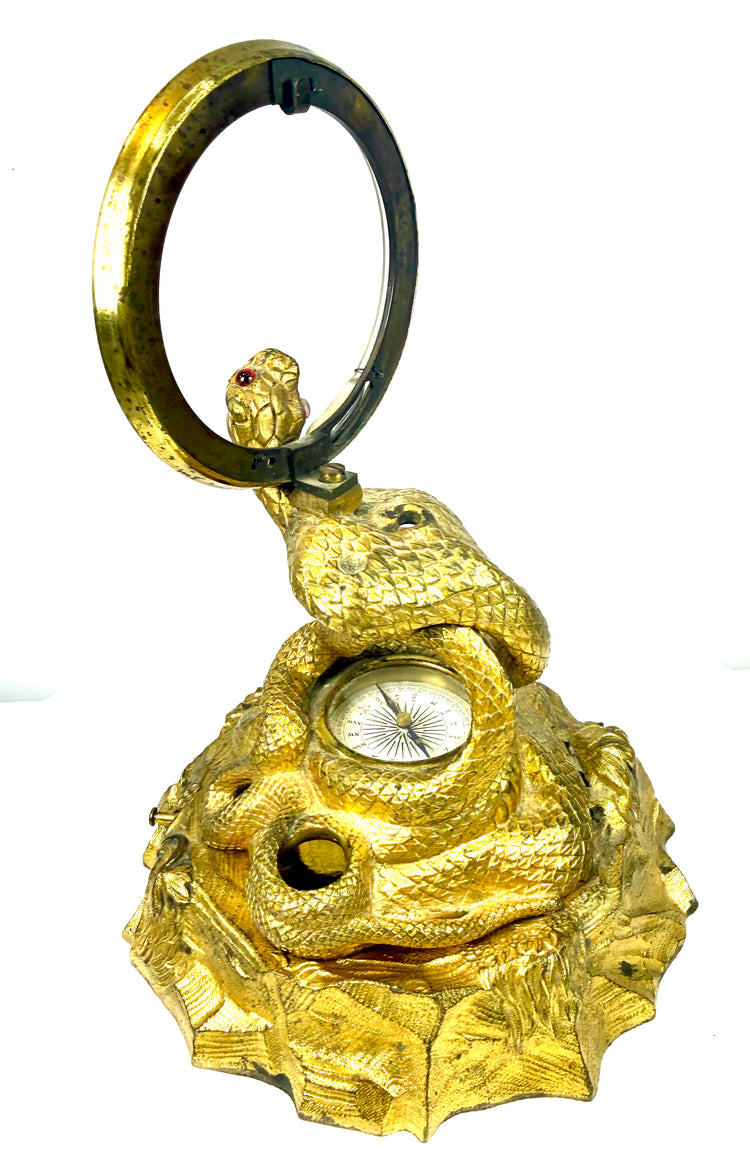 Antique cobra inkstand featuring a circular Fahrenheit thermometer mounted above the sculptural bronze serpent.