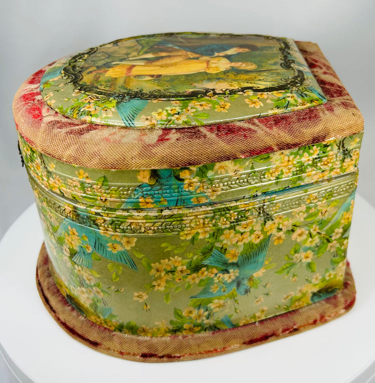 Antique collar box with pastoral imagery, silk lining and original linen collars