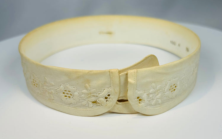 Vintage collar storage box with blue bird motif and yellow silk interior cylinder holder