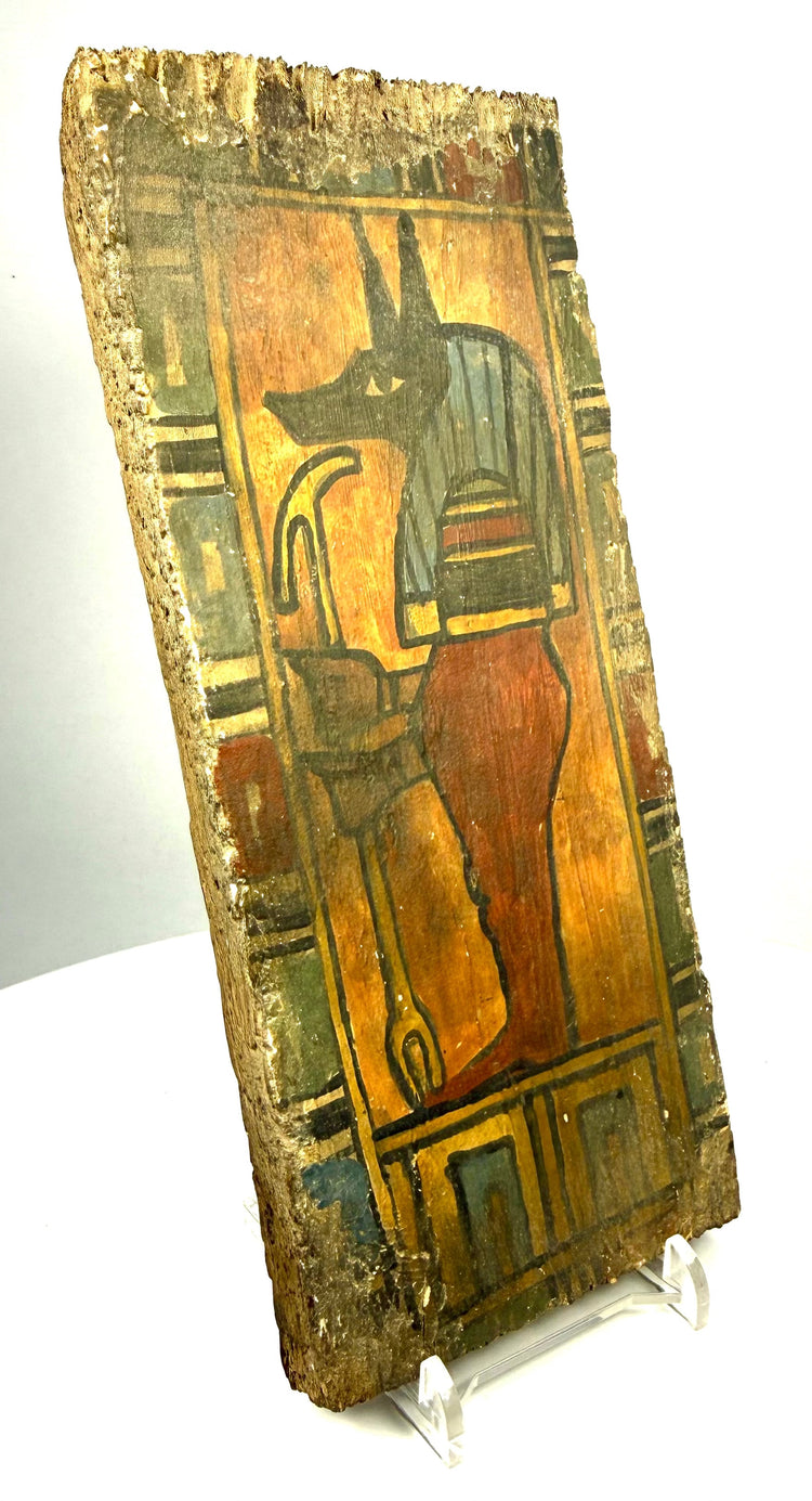 Egyptian Ptolemaic funerary panel featuring geometric borders decorated with surviving green, yellow, blue, red, and black pigments.