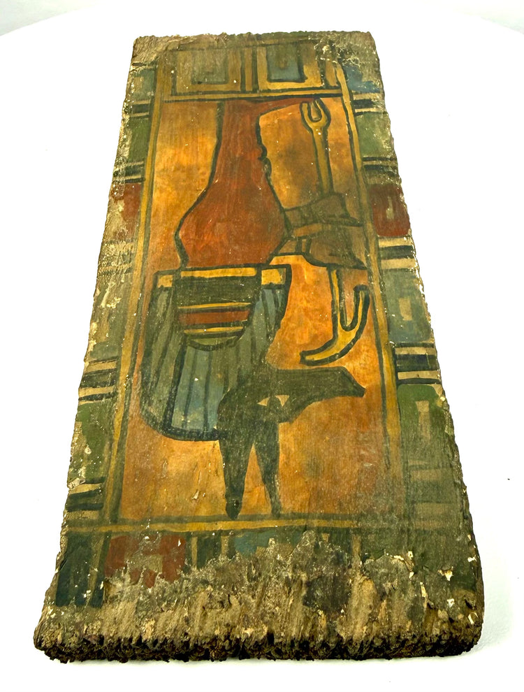 Ancient Egyptian funerary artwork displaying preserved polychrome pigments, painted outlines, surface abrasions, and Duamutef iconography.