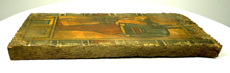 Ancient Egyptian wooden funerary fragment displaying an undecorated reverse with pronounced longitudinal grain, darkened areas, and surface wear.