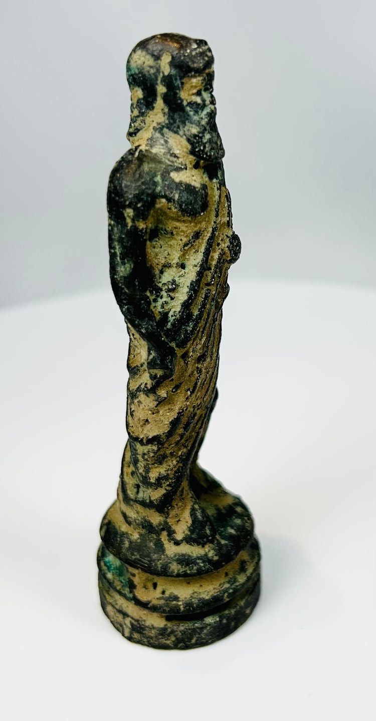 European bronze figure with detailed drapery and circular base