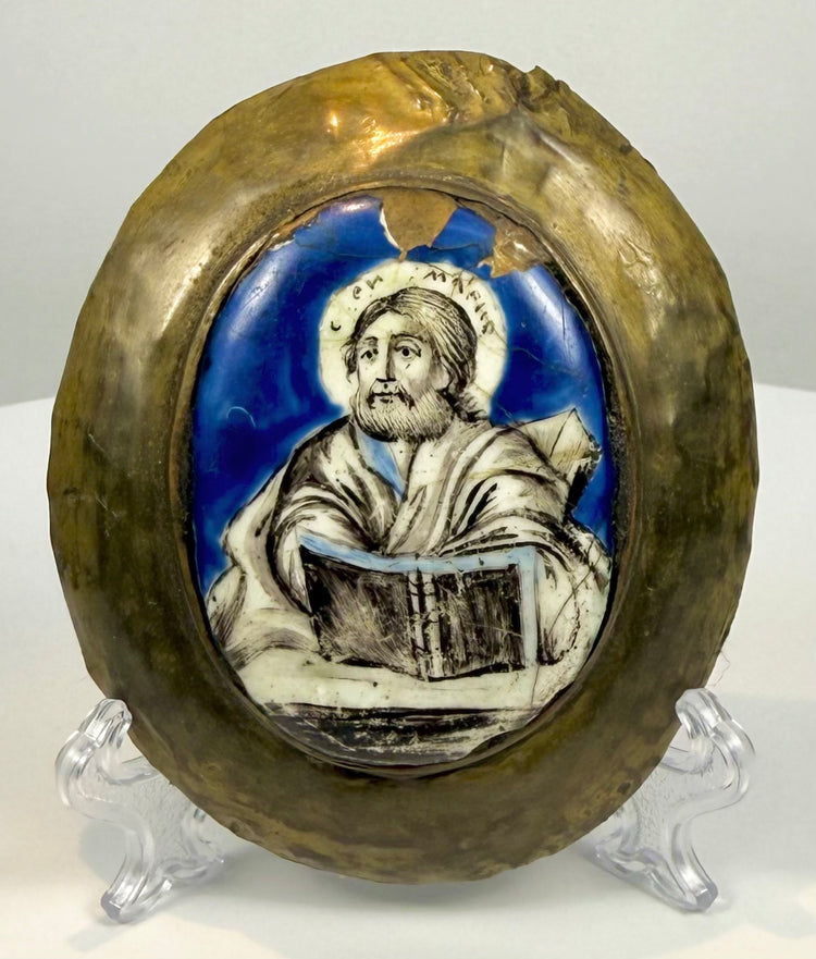 Antique Russian finift enamel plaque displaying detailed miniature painting, flowing ecclesiastical robes, and a traditional Gospel book.