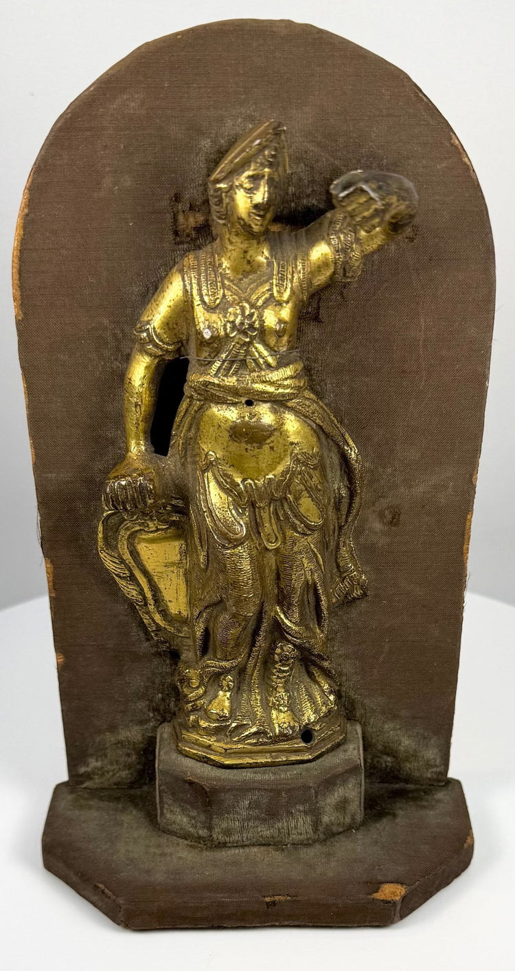 Antique Venetian-style gilt-bronze Minerva figure featuring a classical helmet, raised arm, decorative shield, and flowing sculpted garments.