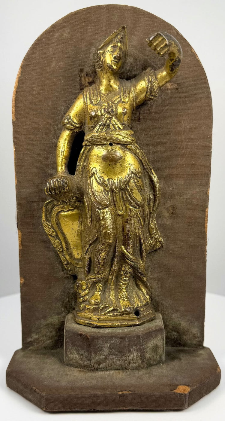 17th-century Italian bronze sculpture depicting the Roman goddess Minerva with an ornate classical costume, detailed drapery, and surviving gilding.