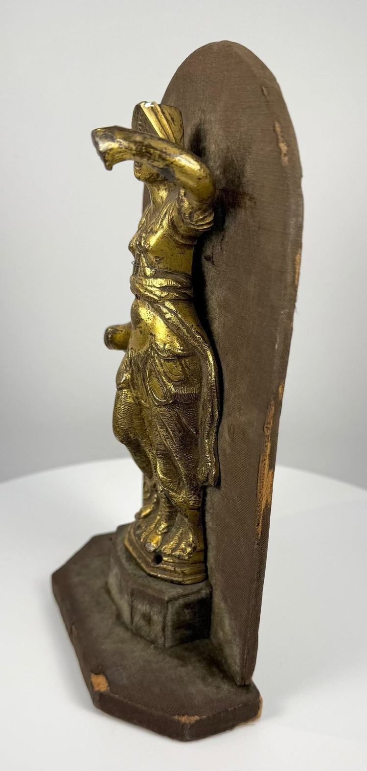 Antique gilt-bronze Minerva figure featuring an elaborately sculpted shield, flowing fabric folds, and richly textured classical garments.