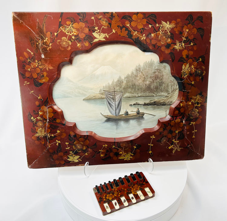 Meiji period Japanese lacquer artwork with gilt frame and insect motif counter