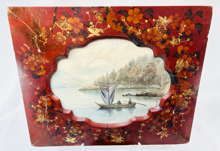 Meiji period Japanese lacquerware with hand painted scene and decorative counter