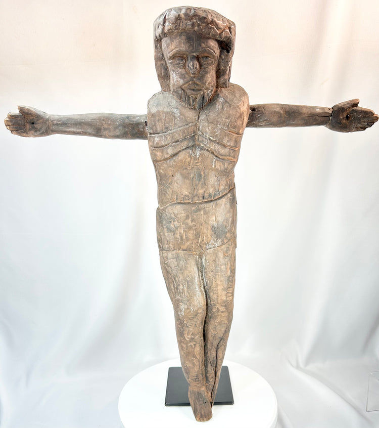 Antique hand-carved wooden crucifix corpus from Latin America with aged patina